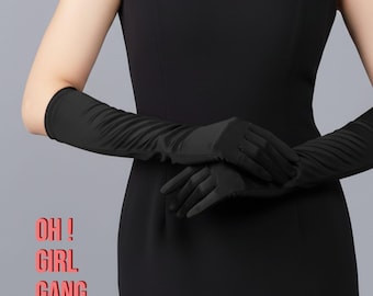 Black Satin Opera Gloves – Classic Evening Elegance (38cm). Evening parties, galas, Black-tie events, Formal dances, proms, 1920s