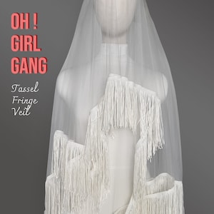 Fringe veil, Bohemian Tassel Bridal Veil, Boho Trim veil: Long Chic Wedding Veil, Ivory, white fine quality Bridal Bachelorette Party Veil. Oh Girl Gang