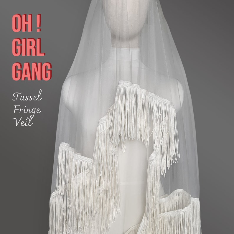 Fringe veil, Bohemian Tassel Bridal Veil, Boho Trim veil: Long Chic Wedding Veil, Ivory, white fine quality Bridal Bachelorette Party Veil. Oh Girl Gang
