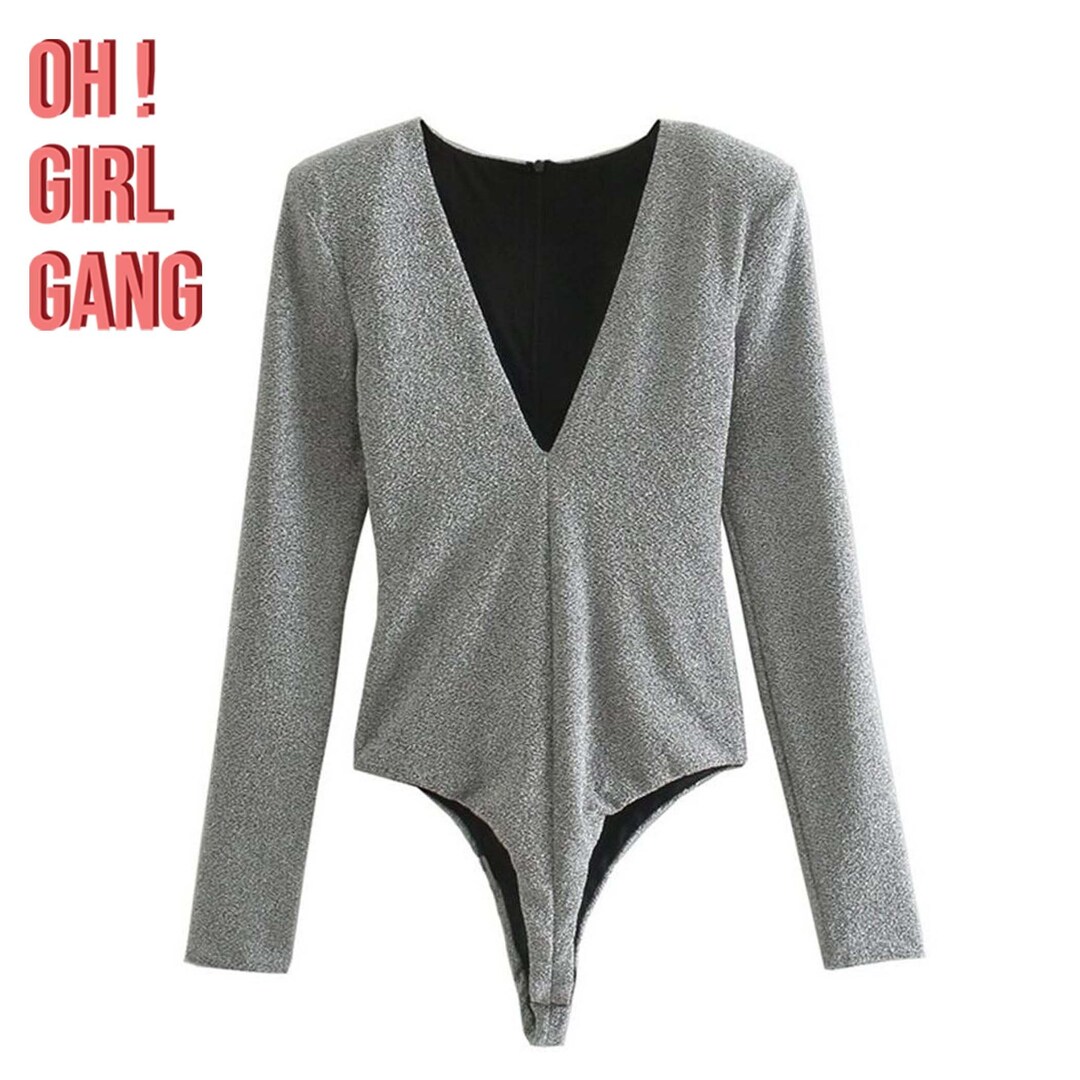 Silver Deep V Bodysuits, Metallic Thread Onepiece Corset Top With