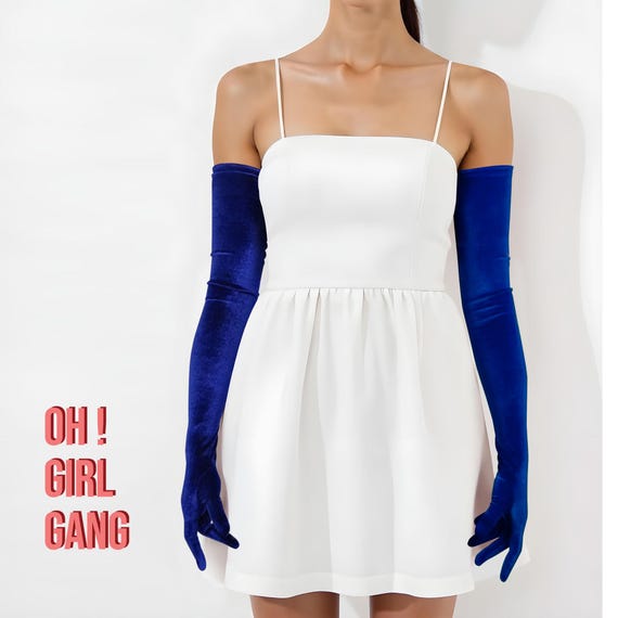 navy blue dress with gloves Made to Order Velvet Off-Shoulder Gown with Matching Gloves M