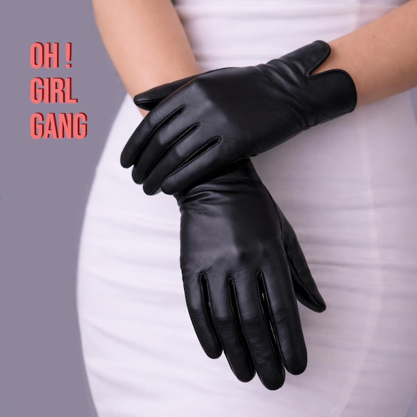 Black Genuine Leather Short Gloves – Touchscreen Phone Gloves, Soft Goatskin, Unlined S, M, L, XL sizes Unisex