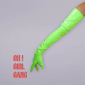 Neon Green Opera leather Gloves, Elbow length 100cm, 70cm Raves Party Costume Stage performer, Cyber Futuristic Y2k kidcore gloves