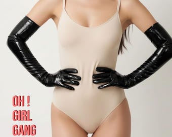 Schwarze Opernhandschuhe aus Lackleder: Lange Kostüm Handschuhe, In verschiedenen Längen erhältlich