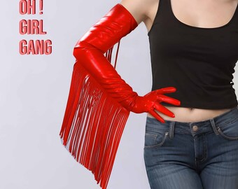 Tassel Long Statement Gloves, Red Leather, White, Black