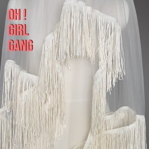 Fringe veil, Bohemian Tassel Bridal Veil, Boho Trim veil: Long Chic Wedding Veil, Ivory, white fine quality Bridal Bachelorette Party Veil. Oh Girl Gang