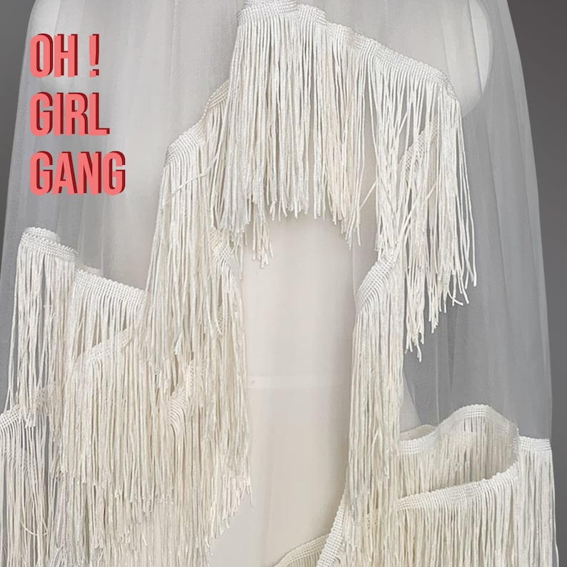 Fringe veil, Bohemian Tassel Bridal Veil, Boho Trim veil: Long Chic Wedding Veil, Ivory, white fine quality Bridal Bachelorette Party Veil. Oh Girl Gang