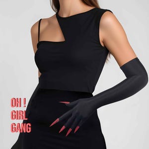 Red Glitter Nails Spandex Long Gloves,  Matt Black Ultra Thin Stretchy, Devils Inspired & Drag Gloves, Raves Concert Festival Stage Costume