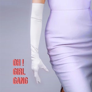 Classic White Satin Gloves (58cm, 38cm, 19cm), White Elbow Length Gloves, Evening party, Stage performer gloves.