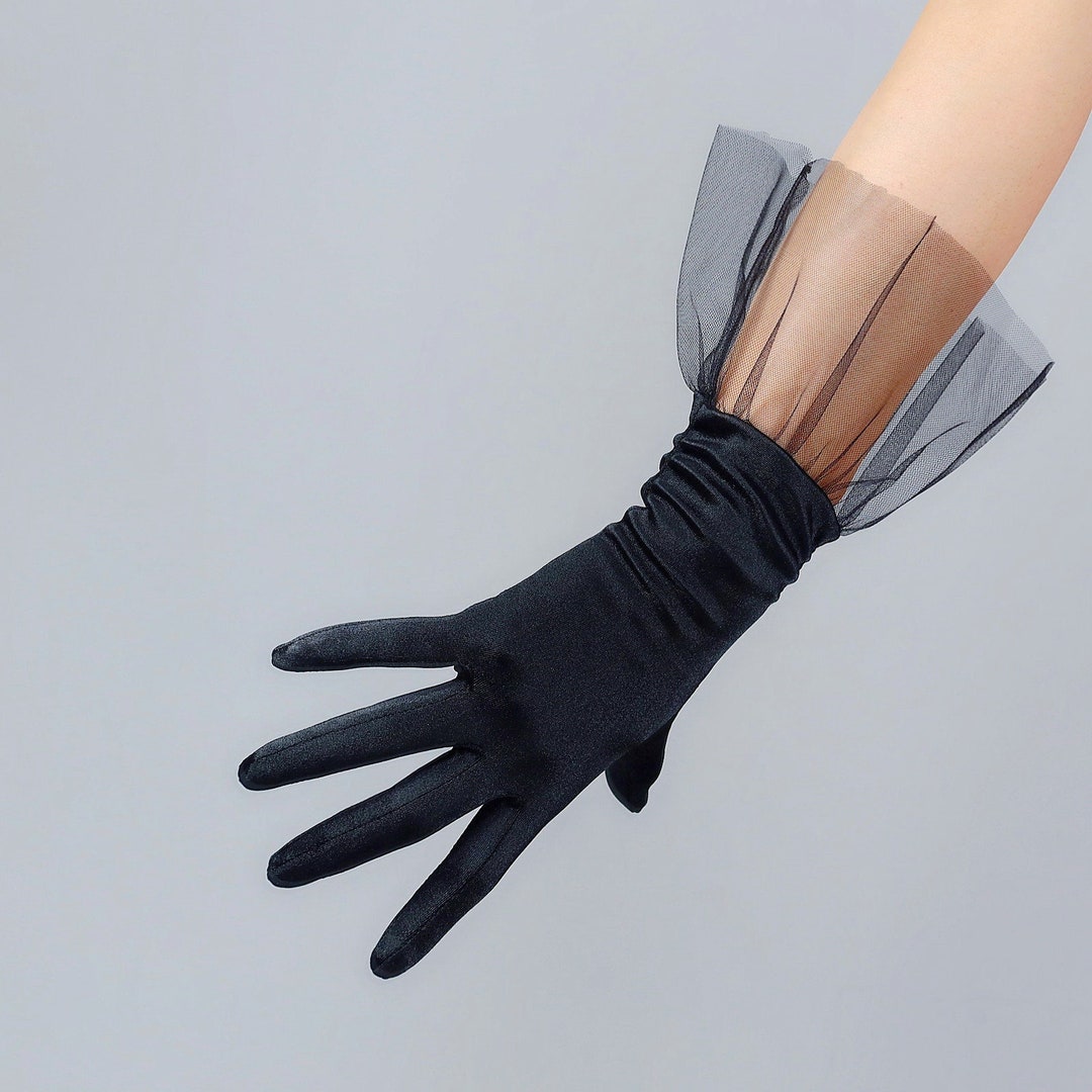 Black Satin Short Gloves With Tulle Ruffles, Party Gloves, Tea Party, Bridesmaids, Bridal Shower
