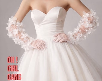 Handmade Ivory Tulle Bridal Gloves: 3D Flower Pearl Wedding Gloves, Touchscreen