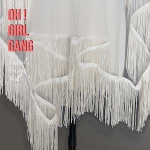Fringe veil, Bohemian Tassel Bridal Veil, Boho Trim veil: Long Chic Wedding Veil, Ivory, white fine quality Bridal Bachelorette Party Veil. Oh Girl Gang