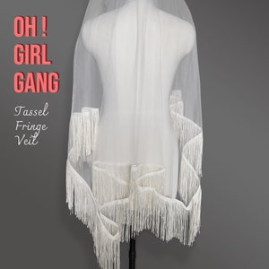 Fringe veil, Bohemian Tassel Bridal Veil, Boho Trim veil: Long Chic Wedding Veil, Ivory, white fine quality Bridal Bachelorette Party Veil. Oh Girl Gang