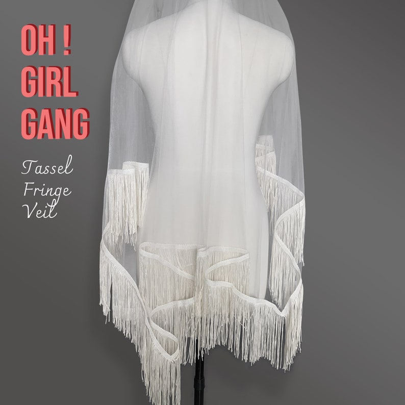 Fringe veil, Bohemian Tassel Bridal Veil, Boho Trim veil: Long Chic Wedding Veil, Ivory, white fine quality Bridal Bachelorette Party Veil. Oh Girl Gang