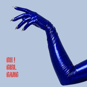 Metallic Blue Spandex Long Opera Gloves with Silver Nails, Red Ultra Thin Stretchy Devils Gloves, Rave Y2K disco Festival Stage drag queen. Oh Girl Gang