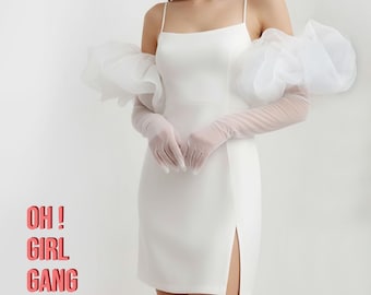 Bridal White Tulle Gloves with Puffs, Ultra Long Loose Style 90cm Long