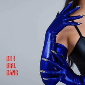 Metallic Blue Spandex Long Opera Gloves with Silver Nails, Red Ultra Thin Stretchy Devils Gloves, Rave Y2K disco Festival Stage drag queen. Oh Girl Gang