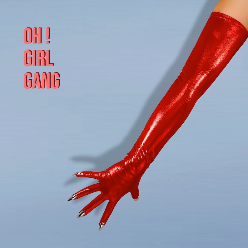 Metallic Red Spandex Long Opera Gloves with Silver Nails, Red Ultra Thin Stretchy Devils Gloves, Rave Y2K disco Festival Stage drag queen. Oh Girl Gang