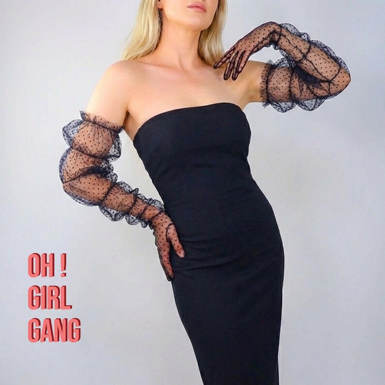Elegant Ruffle Tulle Gloves: Bridal Evening Sleeves (85cm) Black / White / Polka Dots