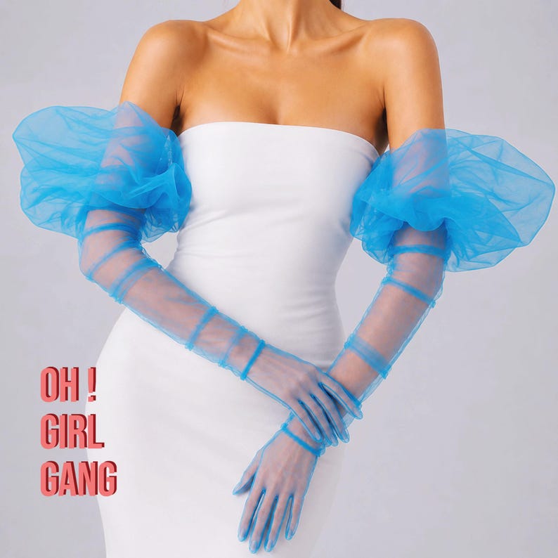 BLUE Tulle Long Gloves with Puffs (90cm) – Big Puff Opera Gloves, Evening Party Costume Accessories (Black, Blue, Yellow, White)