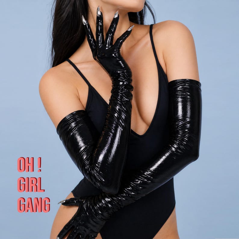 Metallic Black Spandex Long Opera Gloves with Silver Nails, Red Ultra Thin Stretchy Devils Gloves, Rave Y2K disco Festival Stage drag queen. Oh Girl Gang