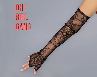 Black Lace Pattern Mesh Gloves (50cm) Touch Screen Gloves, Driver Sleeves, Festival Party Costume Fingerless gloves, Stage performer, Y2K