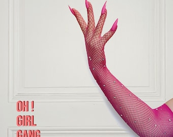 Shocking Pink Mesh Gloves with Pink Nails and Crystals: Rave Costume, Drag Queen, Party Accessories.