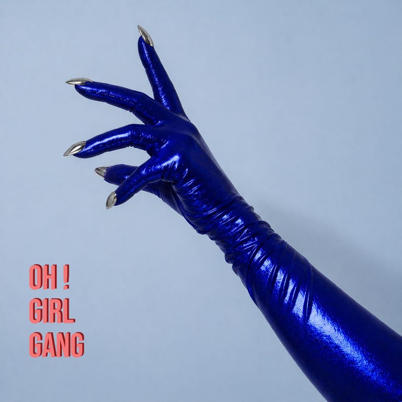 Metallic Blue Spandex Long Opera Gloves with Silver Nails, Red Ultra Thin Stretchy Devils Gloves, Rave Y2K disco Festival Stage drag queen. Oh Girl Gang