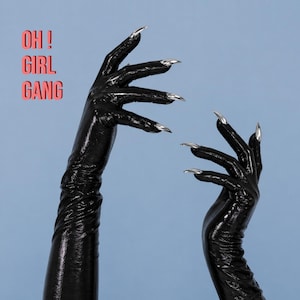 Metallic Black Spandex Opera Gloves with Silver Nails: Cat Claws Costumes, Rave Y2K Disco, Devil Nails, Halloween