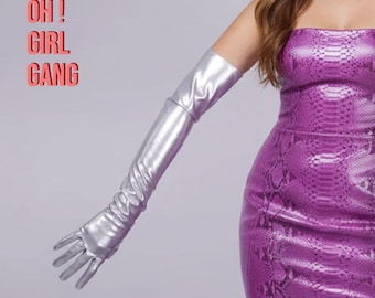 Guantes de ópera plateados de piel sintética largos (70 cm, 60 cm) / Guantes de charol hasta el codo para fiestas / Steampunk, festivales, rave y cibermoda