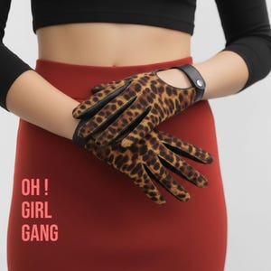 Brown, Leopard Print Leather Short Gloves – Touchscreen Biker Accessory in Zebra Print, Black