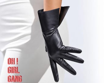 Black Genuine Leather Gloves: Touchscreen - Half-Finger / Full Finger. Christmas Gift for her, Party, Festival, Stage dancer