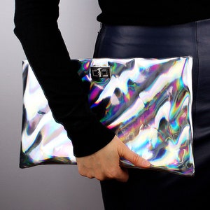 Holographic Silver Clutch Bag, Cyber Futuristic Party Clutch, Metallic Silver Laser Evening Bag