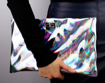Holographic Silver Clutch Bag, Cyber Futuristic Party Clutch, Metallic Silver Laser Evening Bag