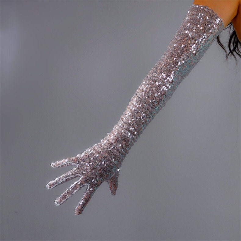 Silver Sequin Gloves Michael jackson Glitter Dancer Burlesque Fancy Dress 