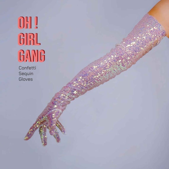 Party Confetti Sequin Opera Gloves (70cm), Pink Bling Bling
