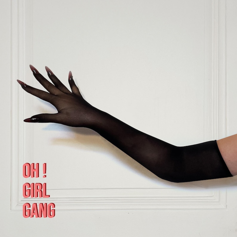Black Seamless Gloves with Red Nails: Rave Costume, Drag Queen, Party Accessories.