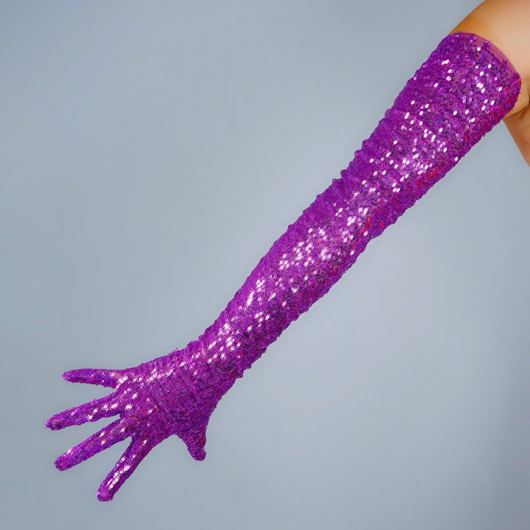 Purple Sequin Gloves, Sequin Shiny Bling Bling Opera Gloves 70cm