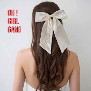 Personalized Name - Pearl on Satin Ribbon Bow, Bridal head accessories bow, Brides, Bride-to-be, Team Bride bows, Mr & Mrs Personalised Gift. Oh Girl Gang