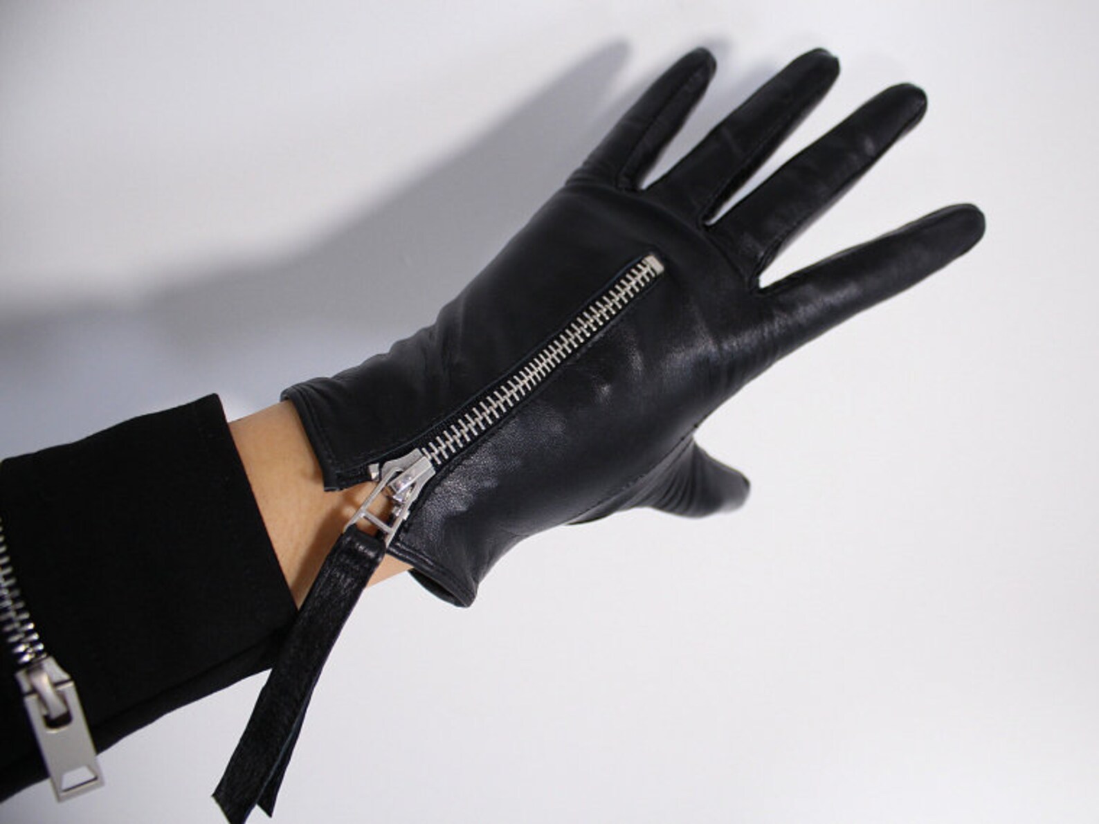 GENUINE LEATHER Back Zipper Short Gloves 21cm. Fine Quality Etsy