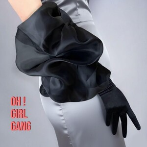 Black Organza Bubble Puff Gloves, Bridal Puff Satin Gloves in White, Evening gown, Festival Party Statement Gloves, Dramatic Stage gloves