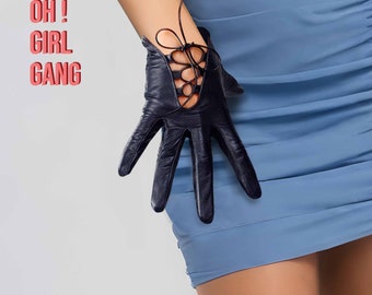 Chic Lace-Up Black Leather Short Gloves, GENUINE LEATHER Winter Gloves, Biker Gloves, Stage performer Gloves, Stylish Black leather Gloves