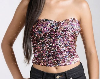 Multi-color Sequin Crop Top Corset, Pink Sequin Elastic Bustier, Party Costume, Bachelorette Party outfits, Sparkling bling bling top