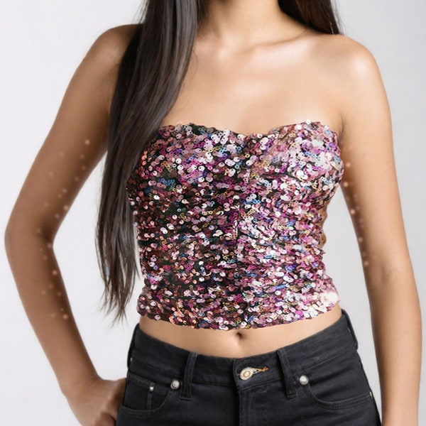 Corset court à sequins multicolores, bustier élastique à sequins roses, déguisement de fête, tenues d'enterrement de vie de jeune fille, haut bling bling scintillant