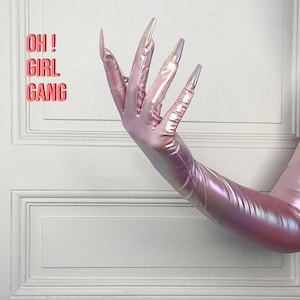 Pink Holographic Nails Spandex Opera Gloves, Pink Ultra Thin Stretchy Devils Gloves, drag queen, Raves, disco Festival Stage, Costume Gloves