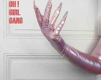 Pink Holographic Nails Spandex Opera Gloves: Rave Costume Party Style