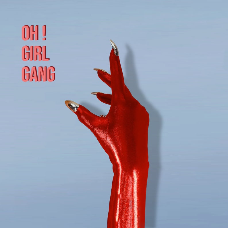 Metallic Red Spandex Long Opera Gloves with Silver Nails, Red Ultra Thin Stretchy Devils Gloves, Rave Y2K disco Festival Stage drag queen. Oh Girl Gang