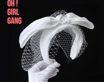 Witte strik bruids vogelkooisluier – Hoofdband met kort haar voor bruiloften, feesten en vintage looks uit de jaren 40