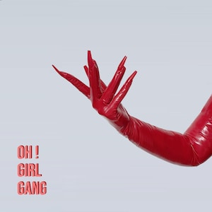 Red Nails Spandex Opera Gloves, Shiny Red Ultra Thin Stretchy Devils Gloves, drag queen, Raves, disco Festival, Stage, Party, Costume Gloves