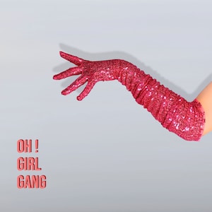 Rose Pink Sequin Opera Gloves: Shiny Party Costume Gloves (70cm) More Colors Available